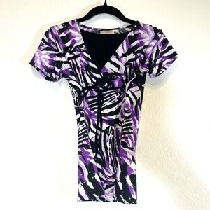 Y2K Paper Tag Extremely Me Purple Zebra Sequin‎ Wrap Top Blouse Short Sleeve M